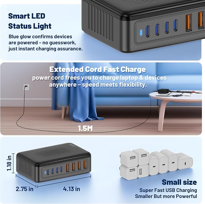 Essri 8-Port USB C Charging Station,65W GaN USB C Charger Block,PD 3.0 Desktop Charger, Power Strip Adapter Compatible with iPhone 17/16/15/14,MacBook Air/Pro,DELL, iPad Pro,Galaxy and More,Black