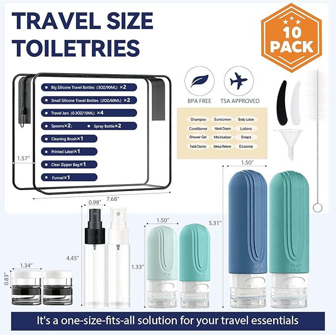 Travel Bottles for Toiletries 10 Pack, TSA Approved Travel Size Toiletries Essentials Containers Set, Leak Proof Silicone Bottles Kit, Refillable Liquid & Creams Accessories (GREEN)