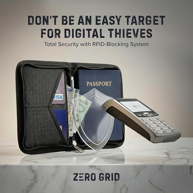 Zero Grid RFID Family Passport Holder for up to 6 Passports, Large Zippered Wallet for Men & Women, Fits Cards, Cash, ID, Sim Card; Premium & Compact Travel Document Holder - Midnight Black