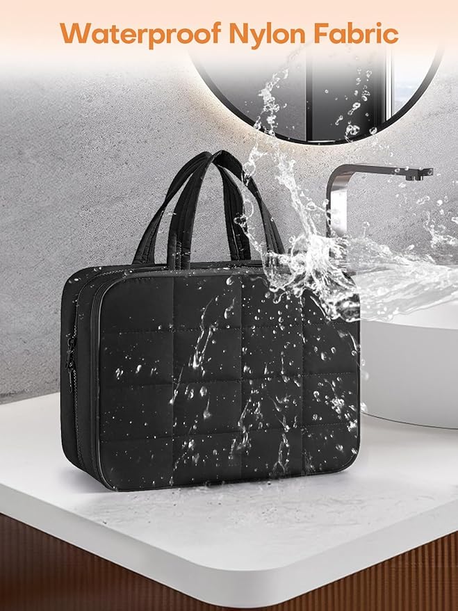 Travel Toiletry Bag with Separate Jewelry Organizer, Water-resistant Makeup Bag with Hanging Hook, Large Capacity Travel Organizer for Toiletries, Cosmetic, Vacation Essentials - Large