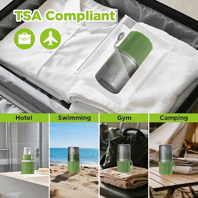 4 in 1 Travel Dispenser Bottle,TSA Approved Refillable Travel Size Toiletries Bottles Set with Suction Cup for Smooth Walls - for Shampoo,Conditioner,Body Wash,Lotion.(Green)