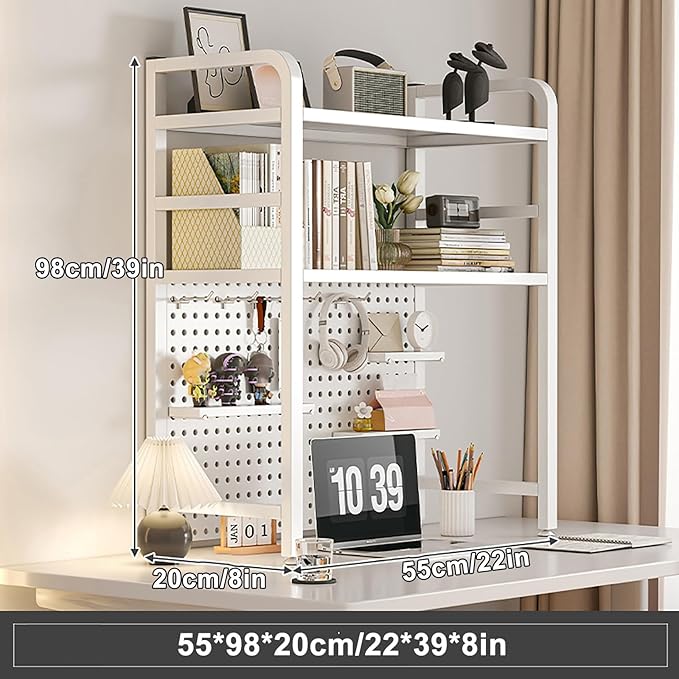 Standing Desk Shelf Desk Shelf Organizer, Countertop Hutch Bookcase Organizer, Desktop Bookcase Bookshelf Desk Hutch, Home Decor, Load Bearing Capacity 50 kg/110 lbs(White,55*98*20cm/22*39*8in)
