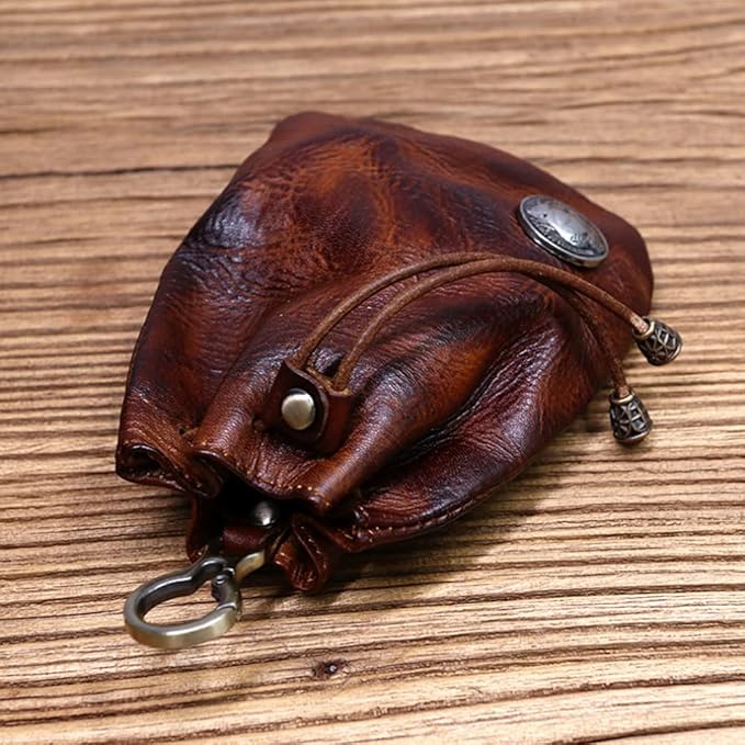 1 Pcs Leather Mini Medieval Pouch Keychain, Coin Organizer, Change Holder, Leather Drawstring Pouch for Men & Women