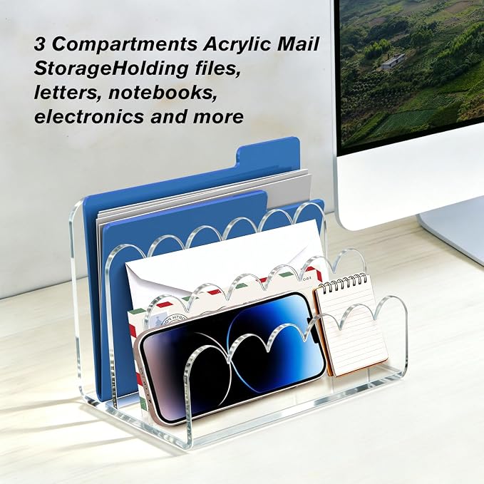 Acrylic Scalloped Mail Organizer, 3 Compartments Desktop Letter Holder, Vertical File Sorter, Desk Organizer for Letters, Envelopes, Bills and Stationery
