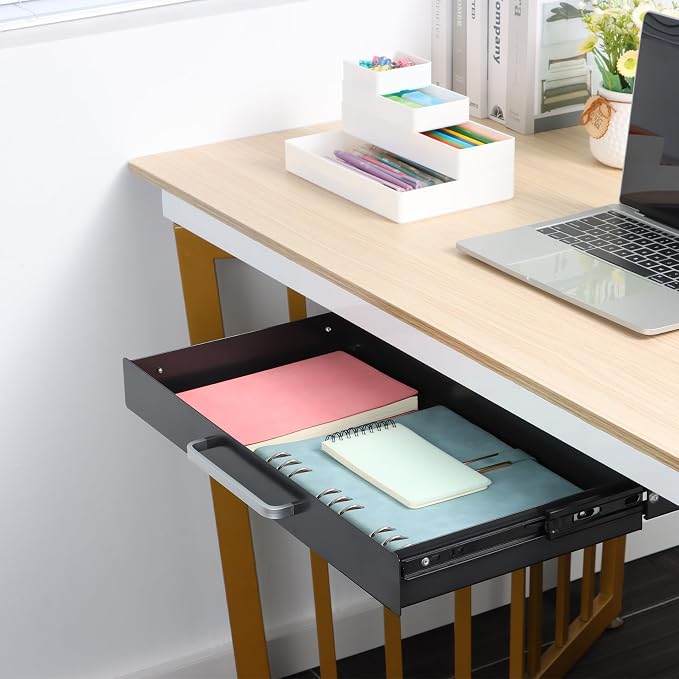 Under Desk Drawer Black 21" with 4 Divider Trays, Under Shelf Pencil Drawer Pull-out, Standing Desk Metal Storage Attachment Slide Out for Workbench