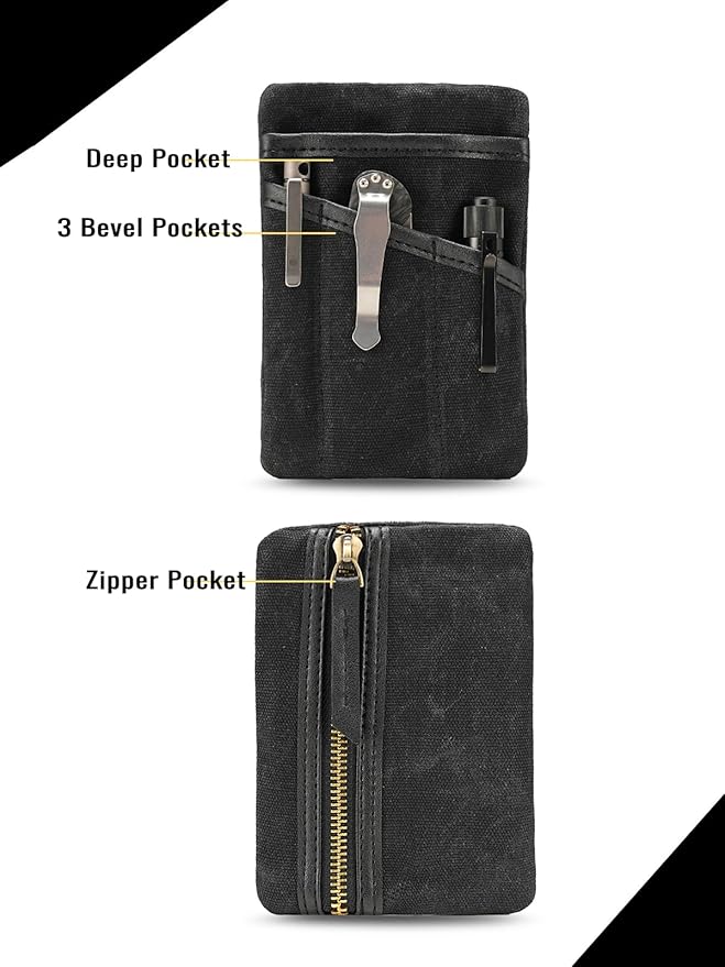 SP4 Waxed Canvas Compact EDC Pocket Organizer, Zippered Pocket Pouch for Men, Mini EDC Organizer for Change, Notebook, Tactical Pen, Flashlight