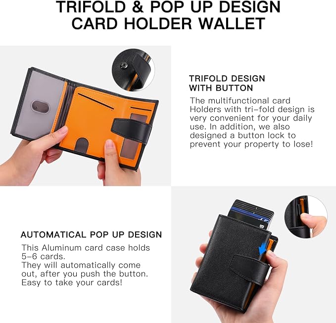 SENDEFN Wallet for Men Pop Up Wallet with Coin Pocket Credit Card Holder With ID Window RFID Blocking Leather Wallet Men's Card Case Minimalist Design