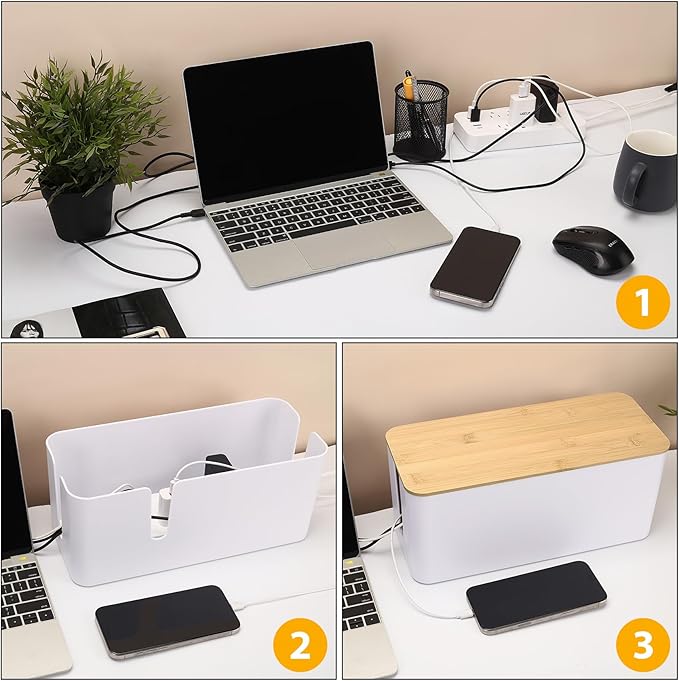 ZhiYo Bamboo Lid Cord Organizer Box, 2Pack Large Cable Management Box, Safe ABS Wire Organizer for TV and Computer, Wood Cover Cord Hider to Hide Wires, USB Hub & Under Desk Power Strip, Black
