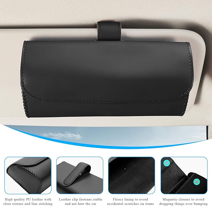 Sunglasses Holder for Car Sun Visor, Leather Auto Eyeglasses Organizer Box with Hidden Magnetic Closure, Vehicle Glasses Case Clip Holder, Car Accessories for Women Men (Black)