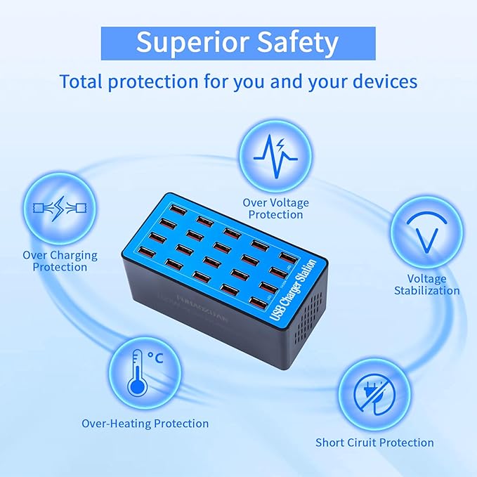 USB Charging Station,100W 20-Port Multi Device Charger with Intelligent Safety Features,Charging Station for Multiple Devices Phone,Watch,Pad,Speakers,Headphones,PS Compact for Home,Office,Travel
