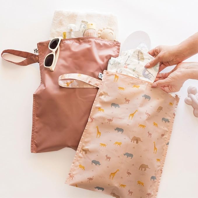 Tiny Twinkle Mess Proof Wet Bags | 2-Pack Reusable Waterproof Wet Bags for Swimsuits | Baby Clothes | Travel & Diaper Bag (Petite Safari)