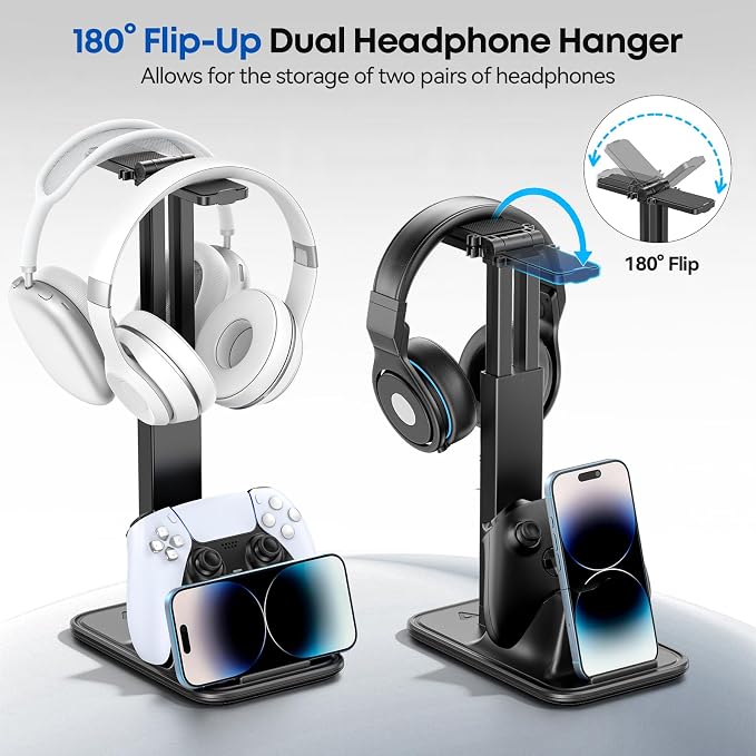 Height Adjustable Dual Headphone Stand, 360° Rotatable Gaming Headset Holder with Controller & Phone Stand, All-in-One Desk Organizer for PS5/Xbox/Switch Controllers/iPad, Desktop Game Accessories