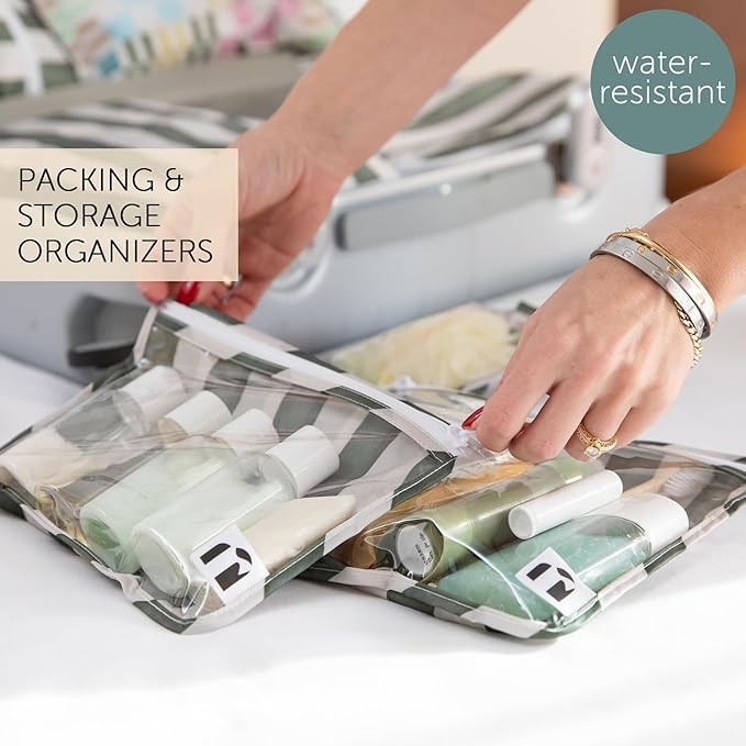 Bumkins Roamio Travel Bag, Toiletry, TSA Approved Pouch, Zip Quart Size Airline Compliant, Clear-Sided, Baby, Diaper Organization, Makeup, Accessories, Carry On Packing, Set of 3 Sizes, Green Stripe