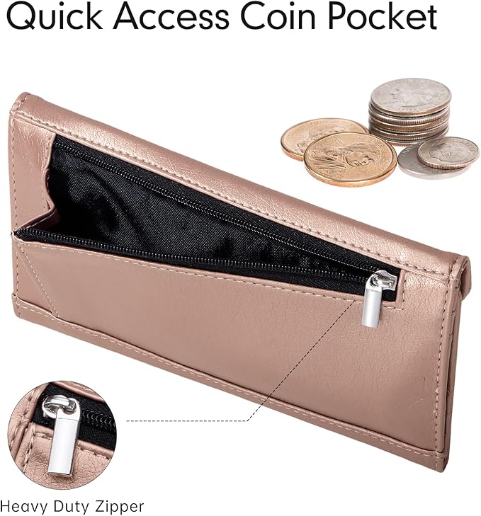 Envelope Wallets for Women Leather Credit Card Holder with RFID Blocking,2 ID Window, Zip Coin Pocket, Rose Gold