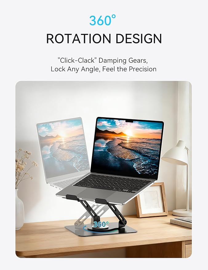 SOUNDANCE 360 Rotating Laptop Stand, Ergonomic Computer Riser for Desk, Adjustable Height Multi-Angle Metal Holder, Foldable Portable Notebook Elevating Base for Office & Home, Black