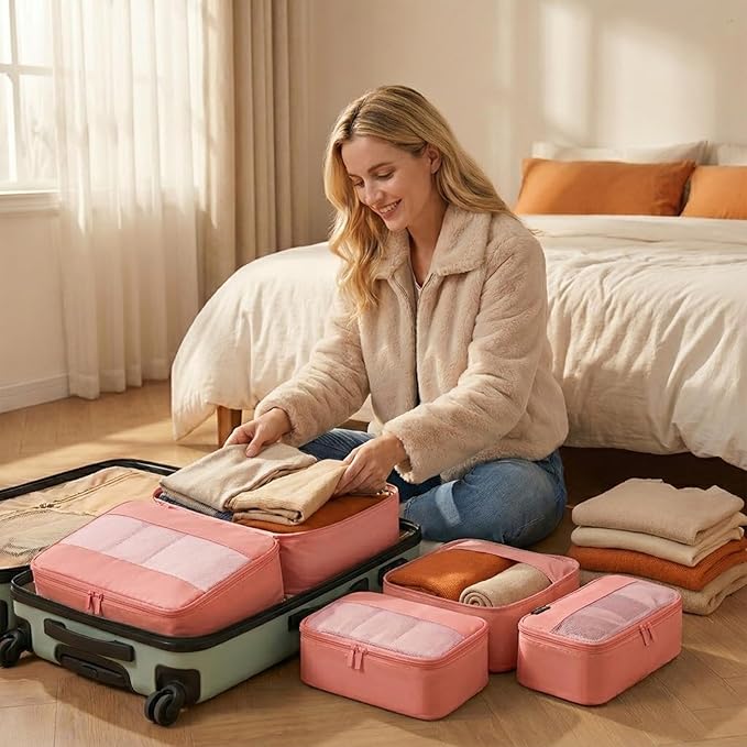 4 Piece Compression Packing Cubes for 3–7 Day Travel, Space Saving Travel Organizers with Breathable Mesh, Double-Zipper Packing Cubes for Carry-On & Suitcases (Blush)