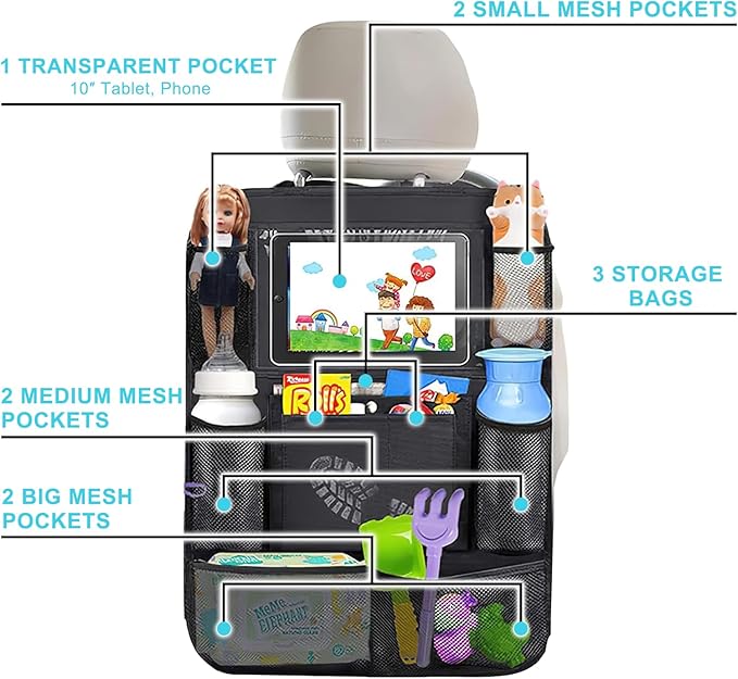 Matenf Car Organizer Back Seat with 9 Storage Pockets & 10″ Tablet Holder, 1Pack Seat Back Cover for Kids Toddlers, Kick Mats Protector, Keep Cars Vehicles Organized & Tidy, Travel Accessories