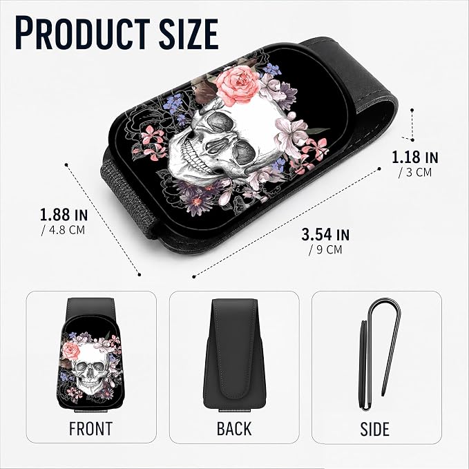 Leather Magnetic Sunglass Holder for Car Sun Visor, Cute Eyeglass Ticket Card Hanger Clip, Universal Auto Interior Accessories for SUV Pickup Truck, Skull Floral