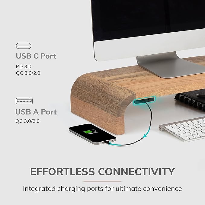 Anji Mountain Wood Monitor Stand Riser Desk Desktop Organizer Table for Home, Office Workspace, Laptop Riser, Ergonomic Design Stand for Gaming Setup, with Power Source, Mango