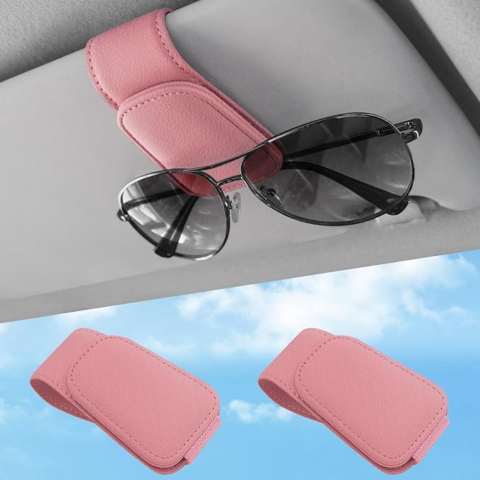 TCJJ Sunglasses Holders for Car Visor,Car Magnetic Glasses Holder Leather Sunglasses Clip and Ticket Card Clip Suitable for Car Interior Visor and Different Size Eyeglasses(Pink/2)