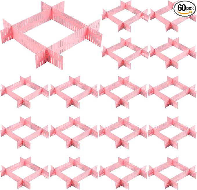 ZOENHOU 60 PCS DIY Drawer Divider Organizers, Pink Grid Drawer Dividers, Adjustable Premium Plastic Organizers for Makeup Drawers Desktop Kitchen Drawer Organizers and Storage, 12.6 x 2.76 Inch