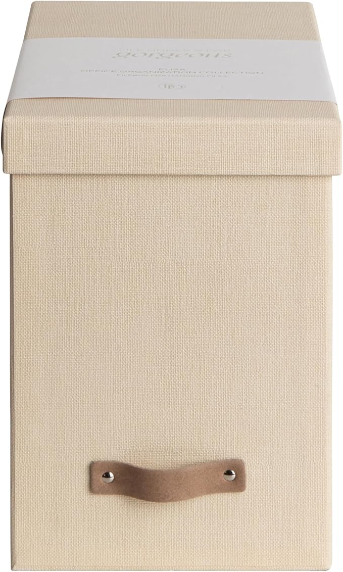 Bigso John File Box - File Storage Box and File Organizer for Important Paperwork - Durable Hanging File Box with Lid and Leather Handle - 7.36 in x 13.26 in x 10.51 in - Cream