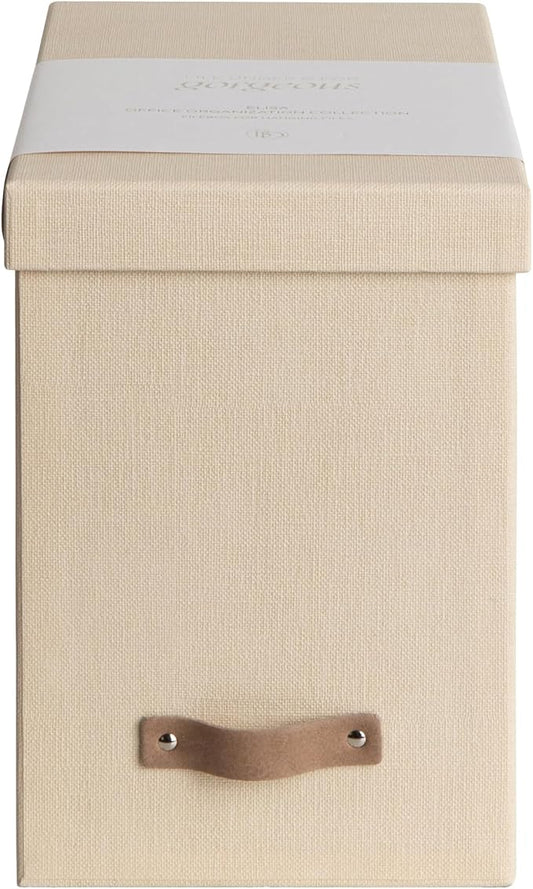 Bigso John File Box - File Storage Box and File Organizer for Important Paperwork - Durable Hanging File Box with Lid and Leather Handle - 7.36 in x 13.26 in x 10.51 in - Cream