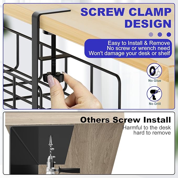 Under Desk Cable Management Tray, 31.5'' No Drill Heavy Duty Steel Cable Tray Organizers, Wire Management Tray Cable Rack with Clamp Mount, Adjustable Metal Under Desk Tray (Black, 2 Pack)
