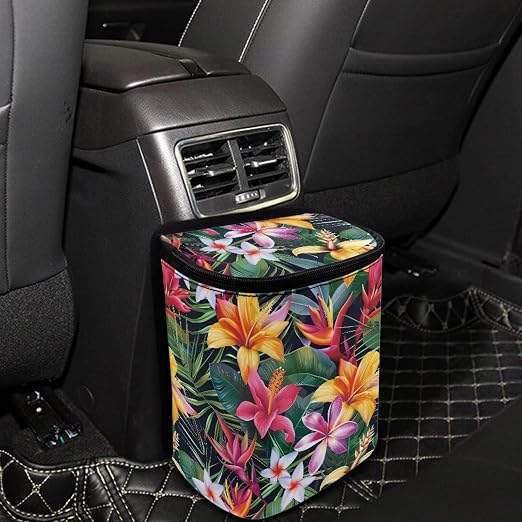 Biyejit Tropical Floral Car Trash Can Bin with Lid Hanging for Back Seat, Car Accessories for Women Men Leak Proof Automotive Garbage Cans Leakproof Vehicle Trash Can for Truck SUV