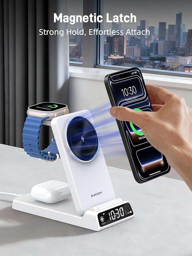 3 in 1 Charging Station for Apple, Magnetic Charger for iPhone, Foldable Wireless Charger with Clock, Travel Watch Charger Stand for iPhone 17/Air/16/15 Series, iWatch 10/AirPods 4 (White)