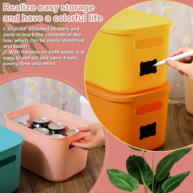 Thyle 24 Pack Classic Colorful Plastic Storage Bins with Lids 7 Quart Toy Storage Box Stackable Nestable Organizer Boxes with Handle and Labels for Classroom Shelf Bedroom Desktop Toys School Supplies