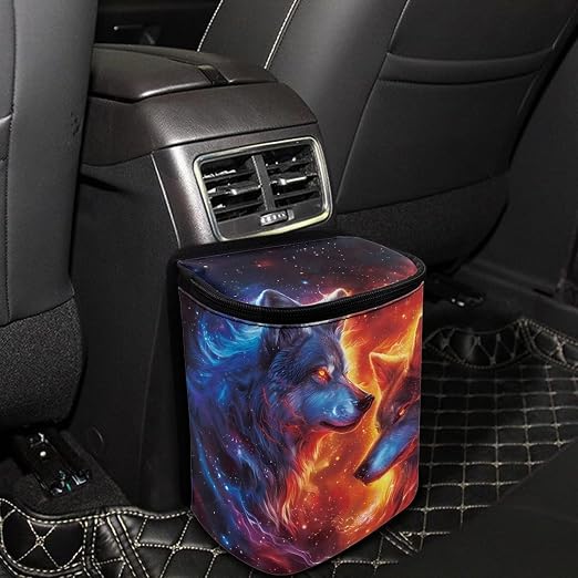 Biyejit Fire Wolf Car Trash Can with Lid Hanging Automotive Trash Bag Leak-Proof Portable Car Garbage Bin Car Accessories Interior Car Organizer