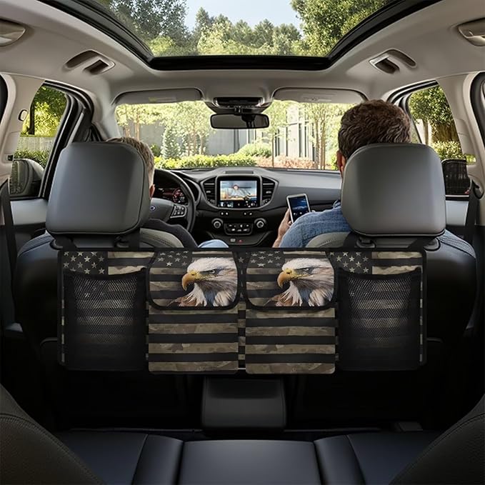 USA Flag Bald Eagle Car Trunk Organizer for Women Men Car Back Seat Hanging Storage Bag Collapsible Auto Cargo Bag with 4 Large Pockets Auto Interior Accessories
