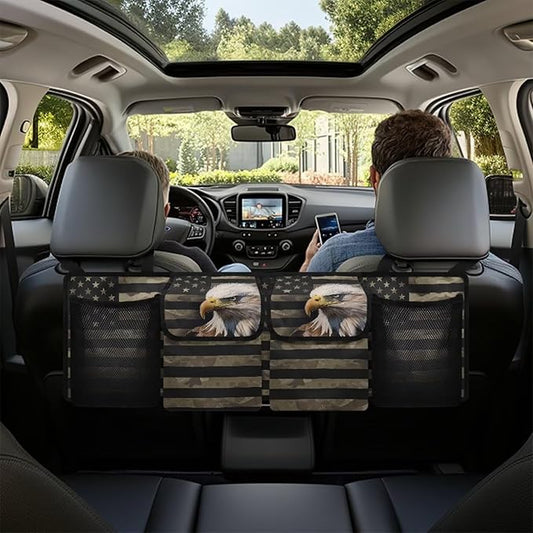 USA Flag Bald Eagle Car Trunk Organizer for Women Men Car Back Seat Hanging Storage Bag Collapsible Auto Cargo Bag with 4 Large Pockets Auto Interior Accessories
