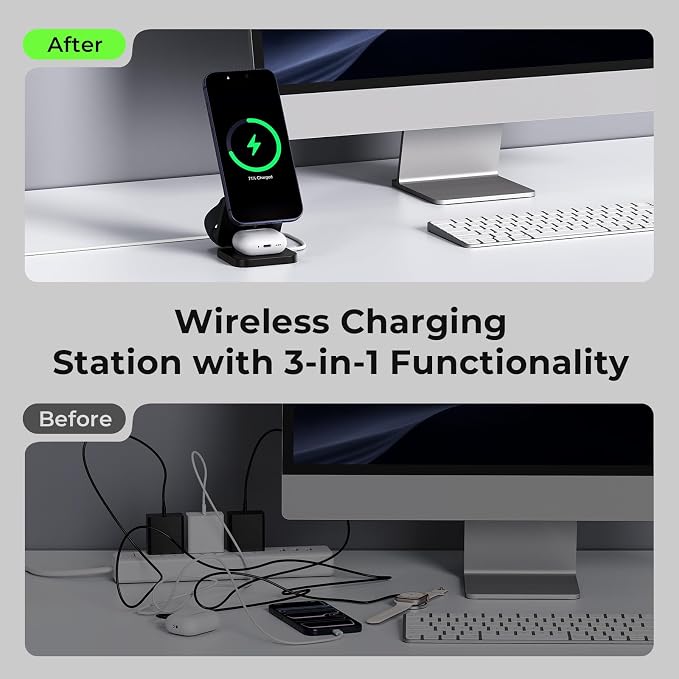 KU XIU X55 Turbo Qi 2.2 25W 3-in-1 Charging Station for Apple Device, Foldable Magnetic Charger for iPhone 17/16, 5W for Apple Watch & AirPods, Fast Travel Wireless Charging Stand with 45W Adapter