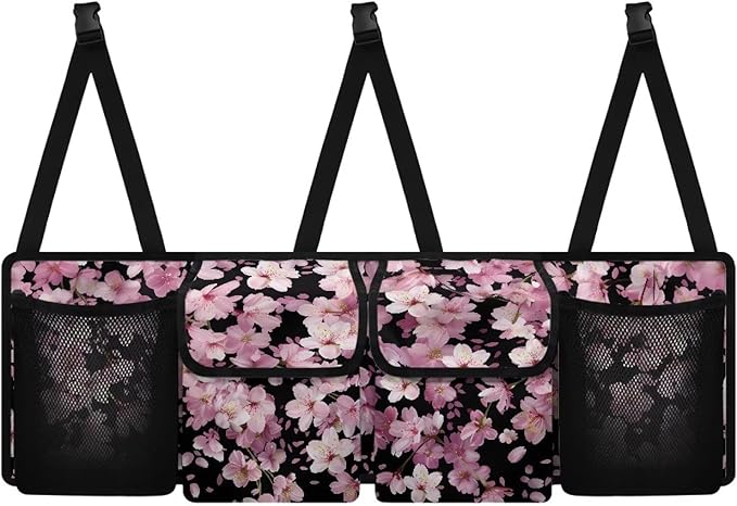 Cherry Blossom Car Organizer and Storage Seat Back Hanging Organizers Storage with 4 Pockets 3 Adjustable Straps Foldable Cargo Storage for SUV, Truck, MPV