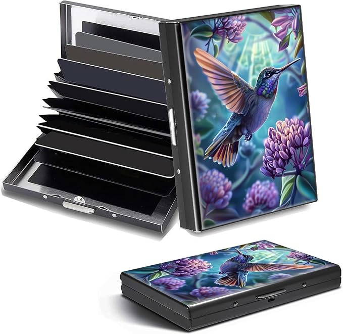 Credit Card Holder, Hummingbird Design Mini RFID Blocking Aluminum Wallet Slim Metal Hard Case Shell Travel Wallet ID Case Small Credit Cards Case Business Cards for Women Men Girls