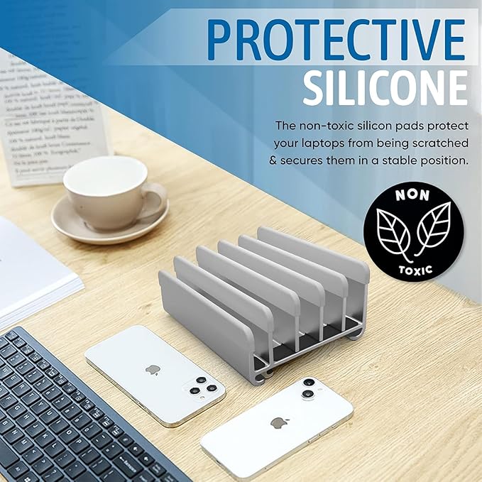 Elestoria 5- Slot Vertical Laptop Stand - Aluminum Laptop Stand Vertical for Desk - Adjustable Width (12-38mm) Fits MacBook Pro/Air, Surface & Gaming Laptops Upto 17.3 (Grey)