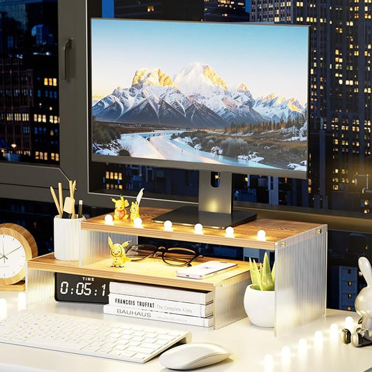 Adjustable Monitor Stand Riser with Acrylic Legs丨15.74" Length Dual Monitor Stand for Desk丨2-Tier Wood Desktop Organizer for Computer, Laptop, Printer & PC丨Modern Aesthetic Desk Shelf(wood-wavy)