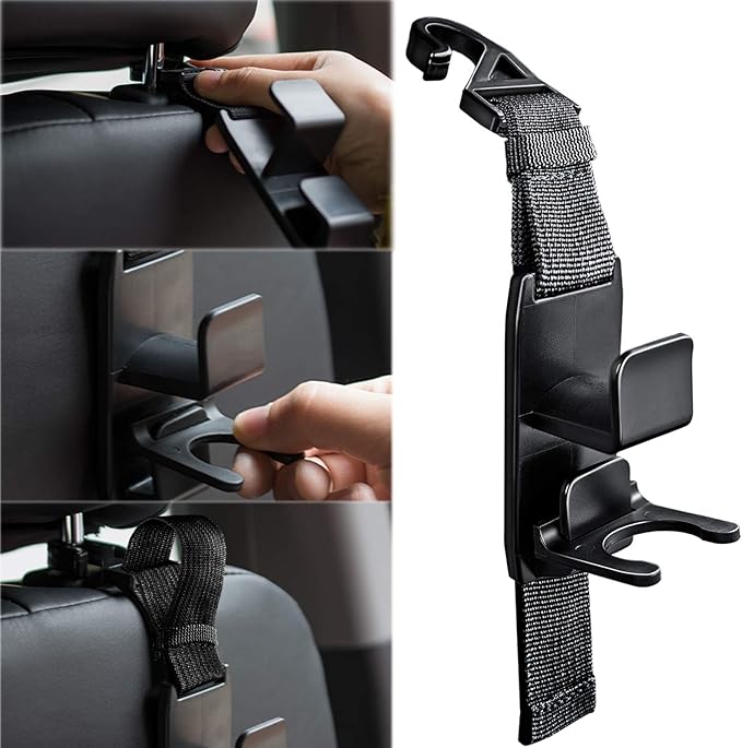 matteblack Magic Hanger Headrest Holder Organizer, Behind Over The Seat Car Hooks-Hang Purse Grocery Bags-4Pack (Frosted Black)