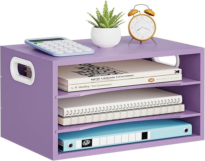 Marbrasse 3 Tier Wood Desk Organizer, Paper Letter Tray Organizer for Desk，Wooden Desktop File Organizer with Handle and Paper Sorter Mail Holder for Office School & Home Supplies Organization-Purple