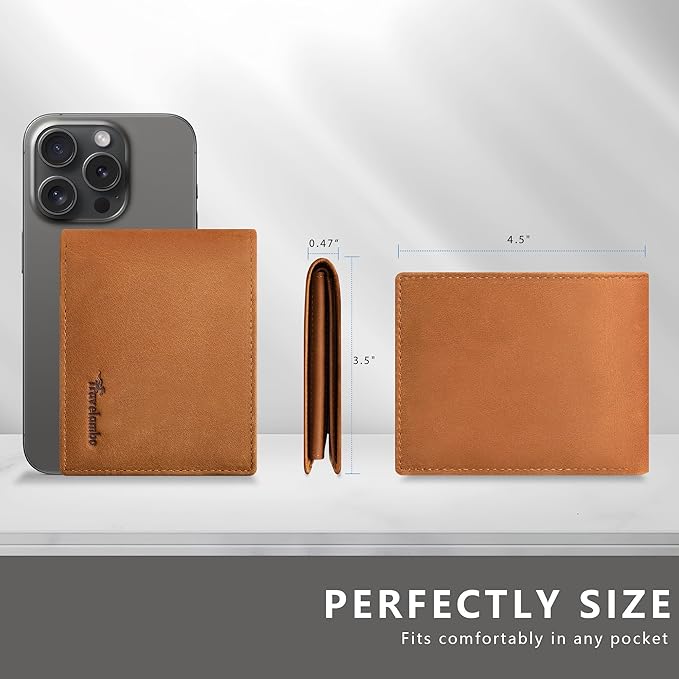 Travelambo Genuine Leather Wallet for Men with Gift Box - Handmade Bifold Stylish - Mens Wallets Rfid Blocking with 2 ID Windows