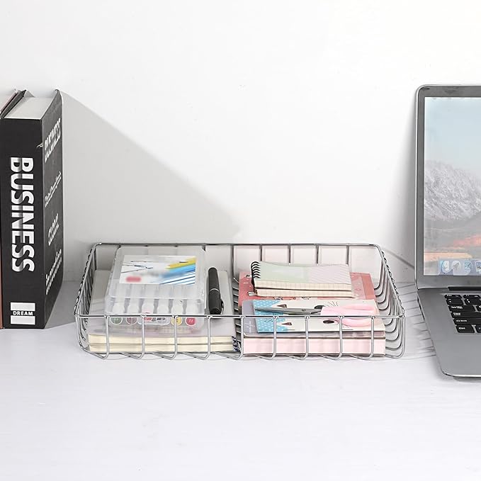 BTSKY Multipurpose A4 File Tray Wire Desk Tray Organizer Elegant Letter Size Desk Documents Tray Magazine Files Storage Basket Organizer Bin for Office Cosmetics Bathroom (Silver)