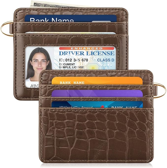 Slim Credit Card Holder Crocodile Wallet Women Thin Alligator Wallets RFID Blocking Minimalist Lightweight Small Cute Cards Holders with ID Window, Coffee