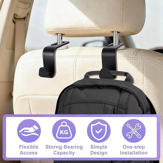 BFXM 6 Pack Car Seat Headrest Hooks, Back Seat Purse Hanger Holder Hook, Universal Storage Organizer for Handbag Grocery Bags Coats, Car Accessories for Women Men (Black)