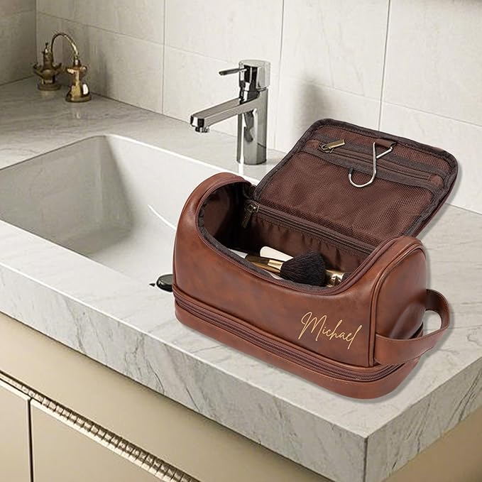 Personalized Leather Toiletry Bag for Men, Large Capacity Toiletry Travel Bag, PU Leather Waterproof Shaving Toiletry Bag, Travel Essentials Customized Gifts for Husband (Style 4)