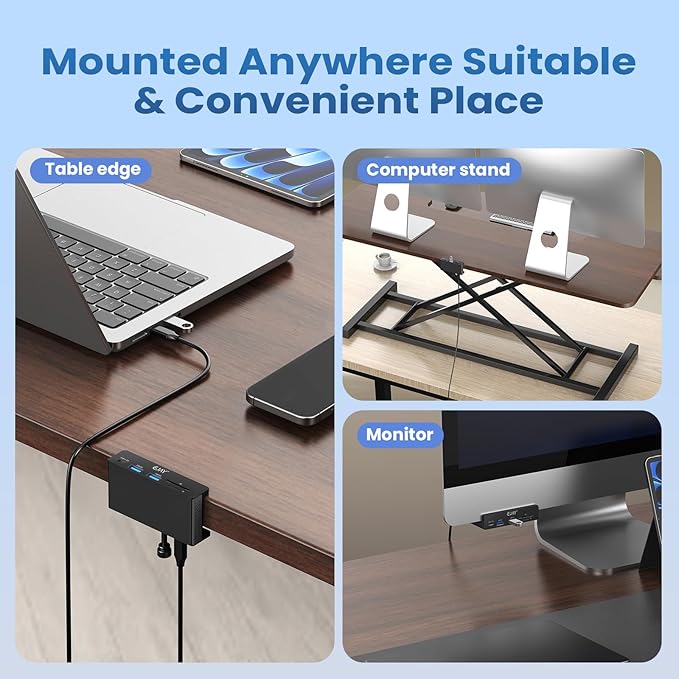 EJAY Aluminum Clamp USB 3.0 Hub, 5-in-1 Desk Mount Docking Station with SD/TF Card Reader, 5Gbps USB Port Expander with 59" Long Cable for MacBook, iMac, Laptop, PC, Studio, Black