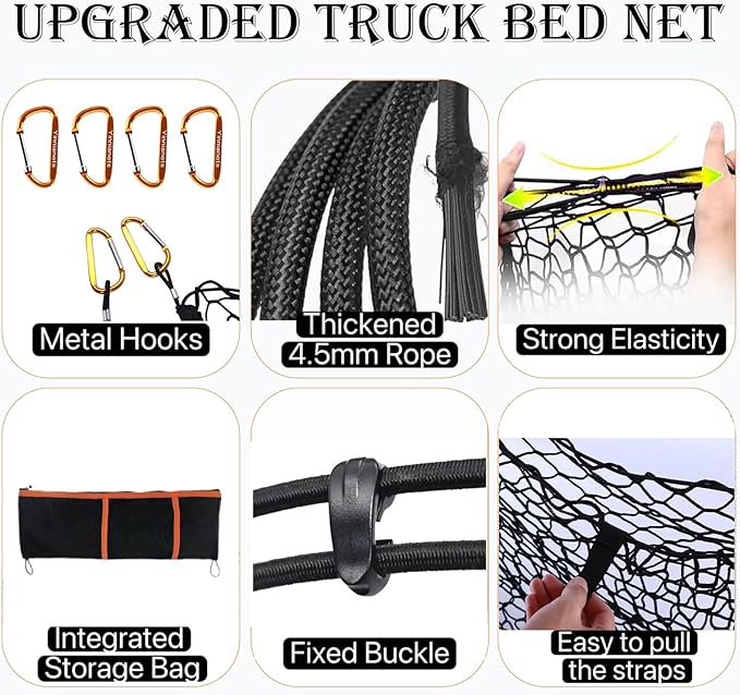 Envelope Style Truck Bed Cargo Net Compatible with 2005-2025 Toyota Tacoma,Highly Elastic Truck Cargo Net for Tacoma Accessories (Upgraded Storage Bag)