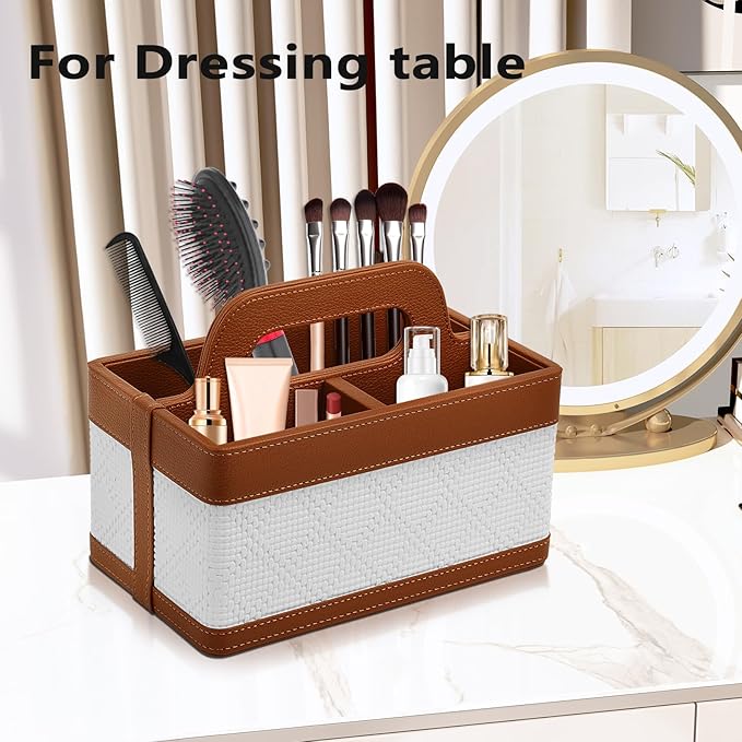 Desk Organizer Caddy with Handle-Portable PU Leather Remote Control Holder-Nightstand Dresser Tote Storage for Sunglasses,Comb,Small iPad,Pen,Heater Controllers,Cosmetics and Office Supplies