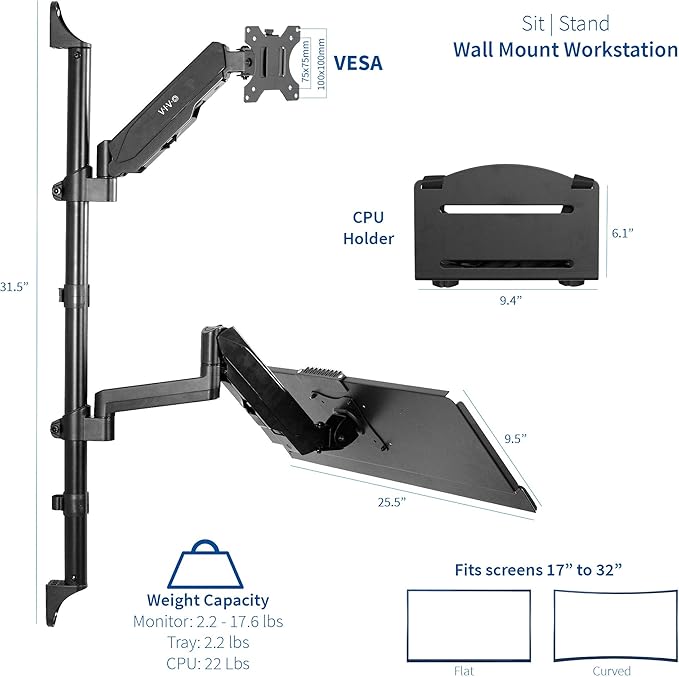 VIVO Black Sit-Stand Height Adjustable Pneumatic Spring Arm Keyboard, Monitor, CPU Wall Mount for 1 Screen up to 32 inches STAND-SIT1BW